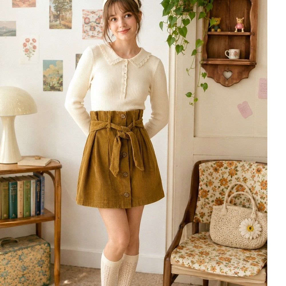 Indigo Rising Corduroy Mini Skirt Caramel Button Front Size M Twee Retro